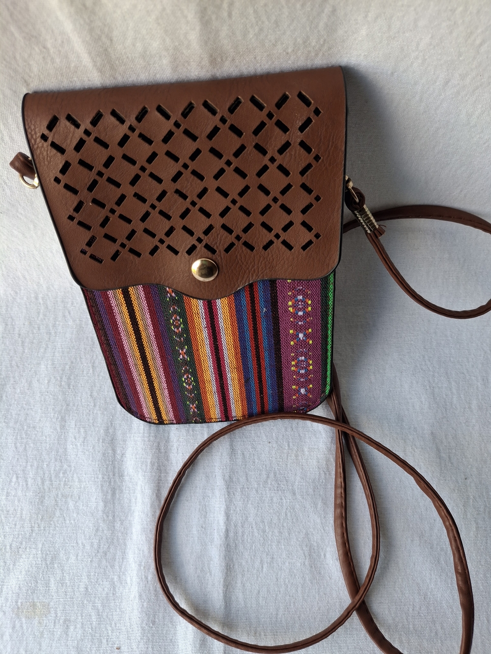 Handcrafted Brown Leather Crossbody with Colorful Woven Panel
